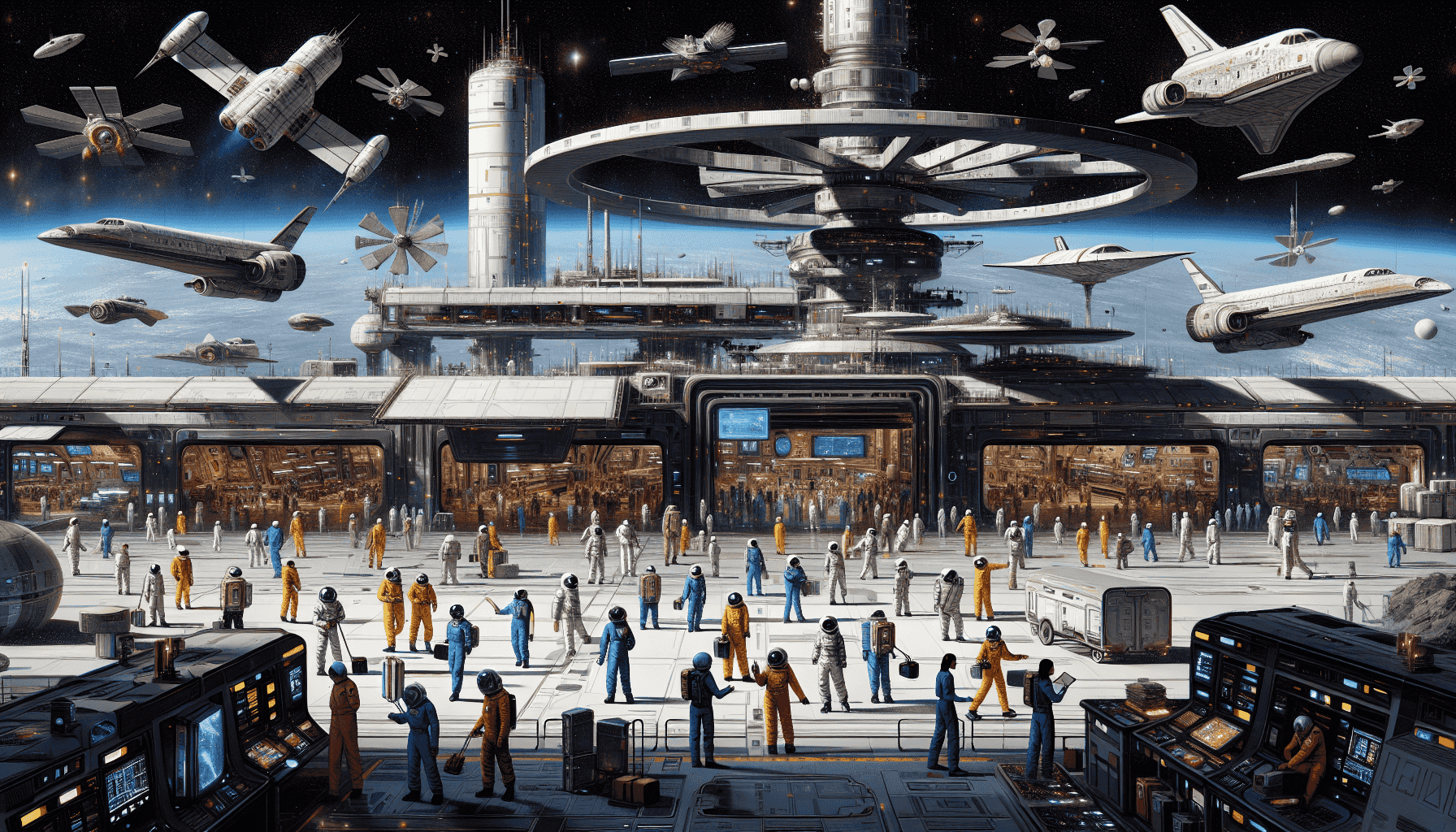 Bustling space station with spacecraft