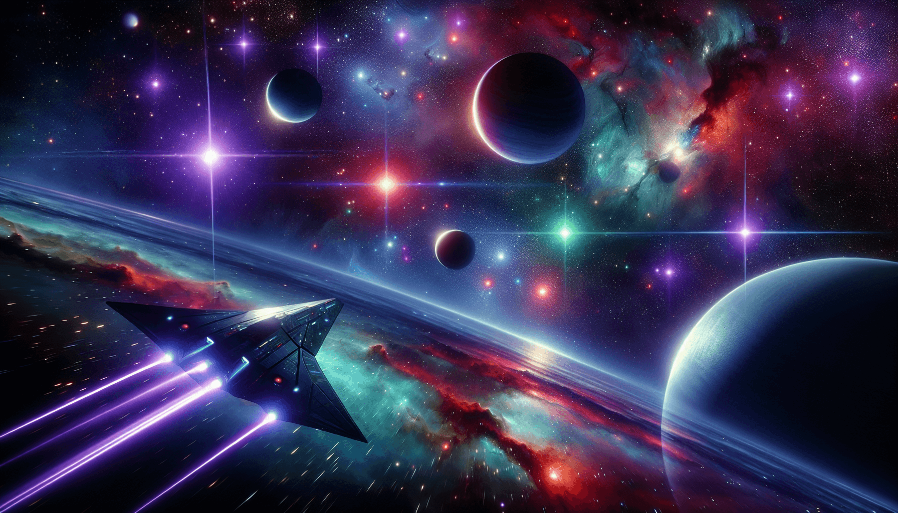 Futuristic spacecraft in a vibrant star system